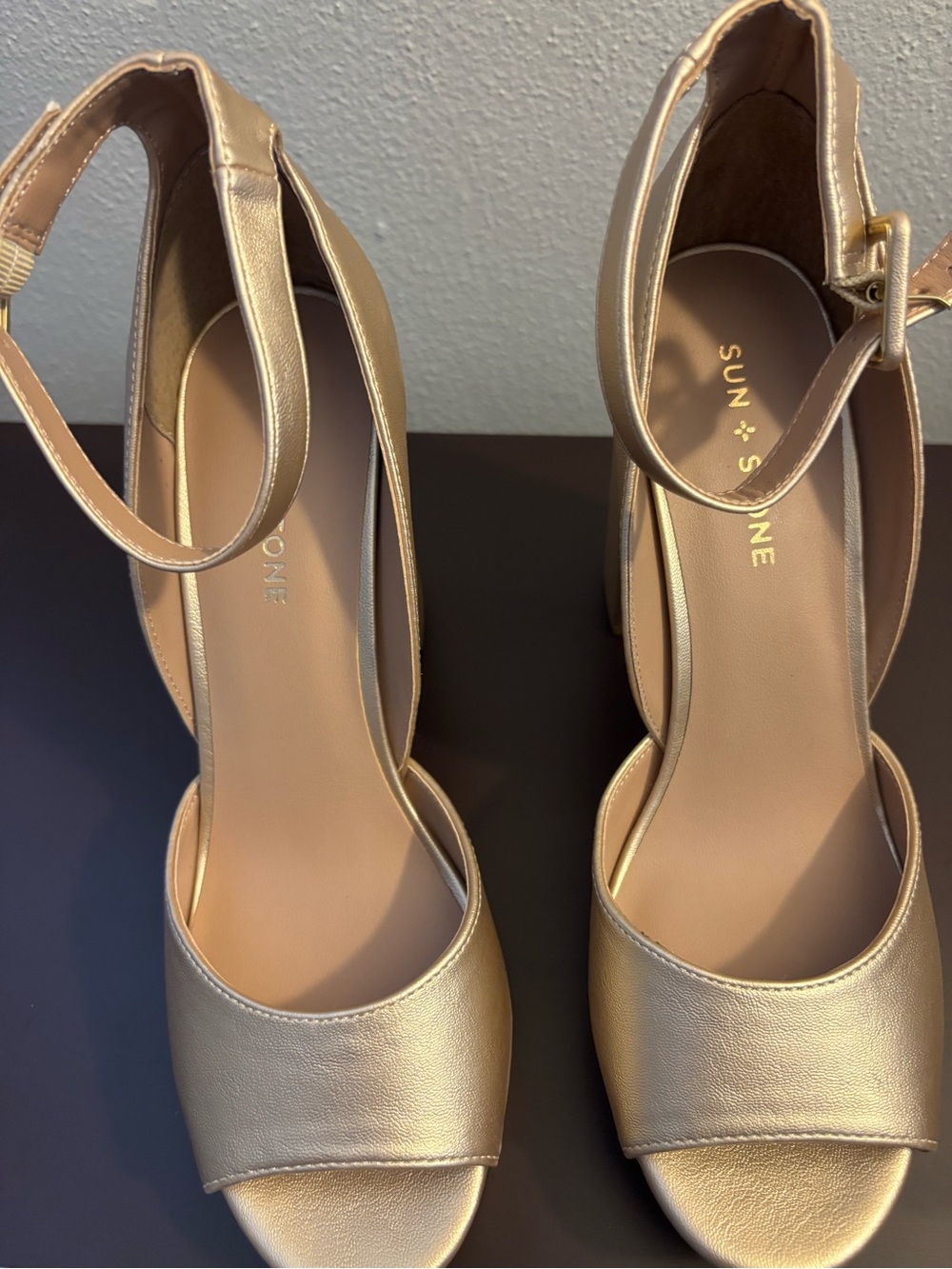 Sun + Stone Metallic Gold Block Heel Ankle Strap Pumps
Size 9.5